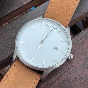 MVMT watch, white on silver, brown suede strap